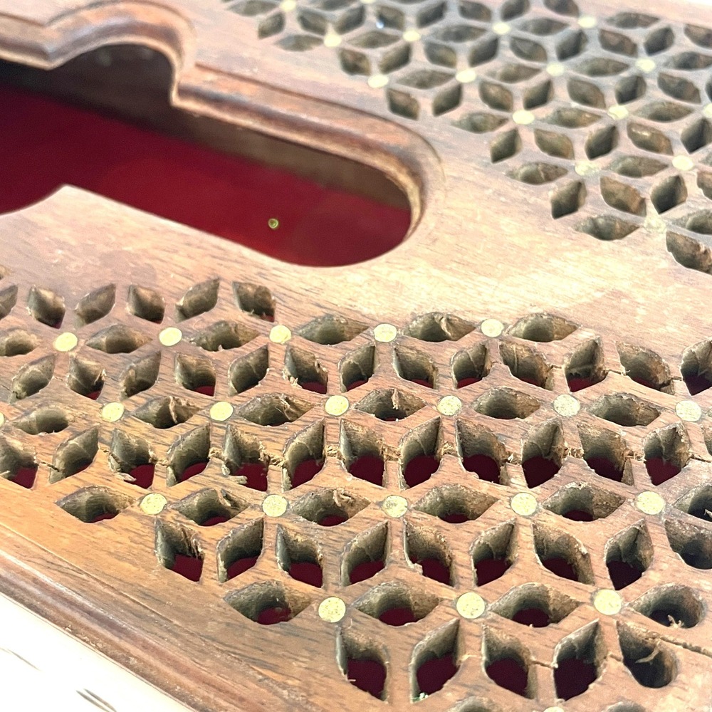 Hand Carved Wood Tissue Box Cover Lattice Fretwork Brass Inlay Boho Decor